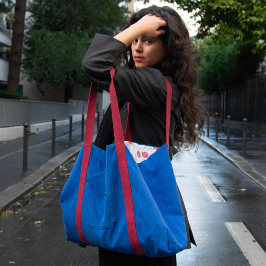 Grand sac Cabas Bleu & Bordeaux, doublure à fleurs bordeaux - Blue Fabrik