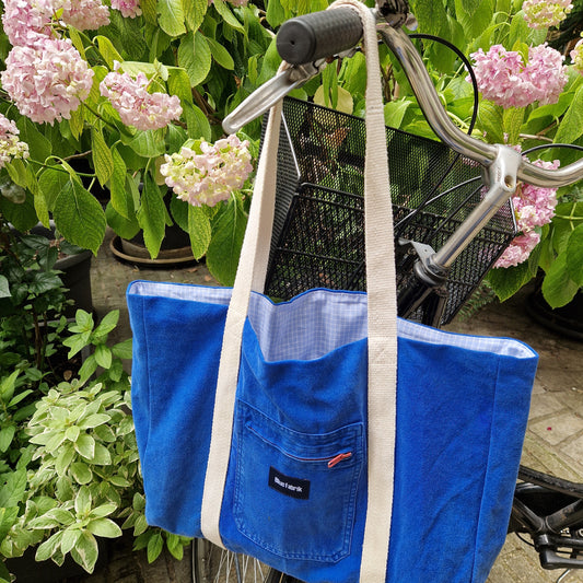 Grand sac Cabas Bleu & Ecru, doublure à carreaux bleu ciel - Blue Fabrik