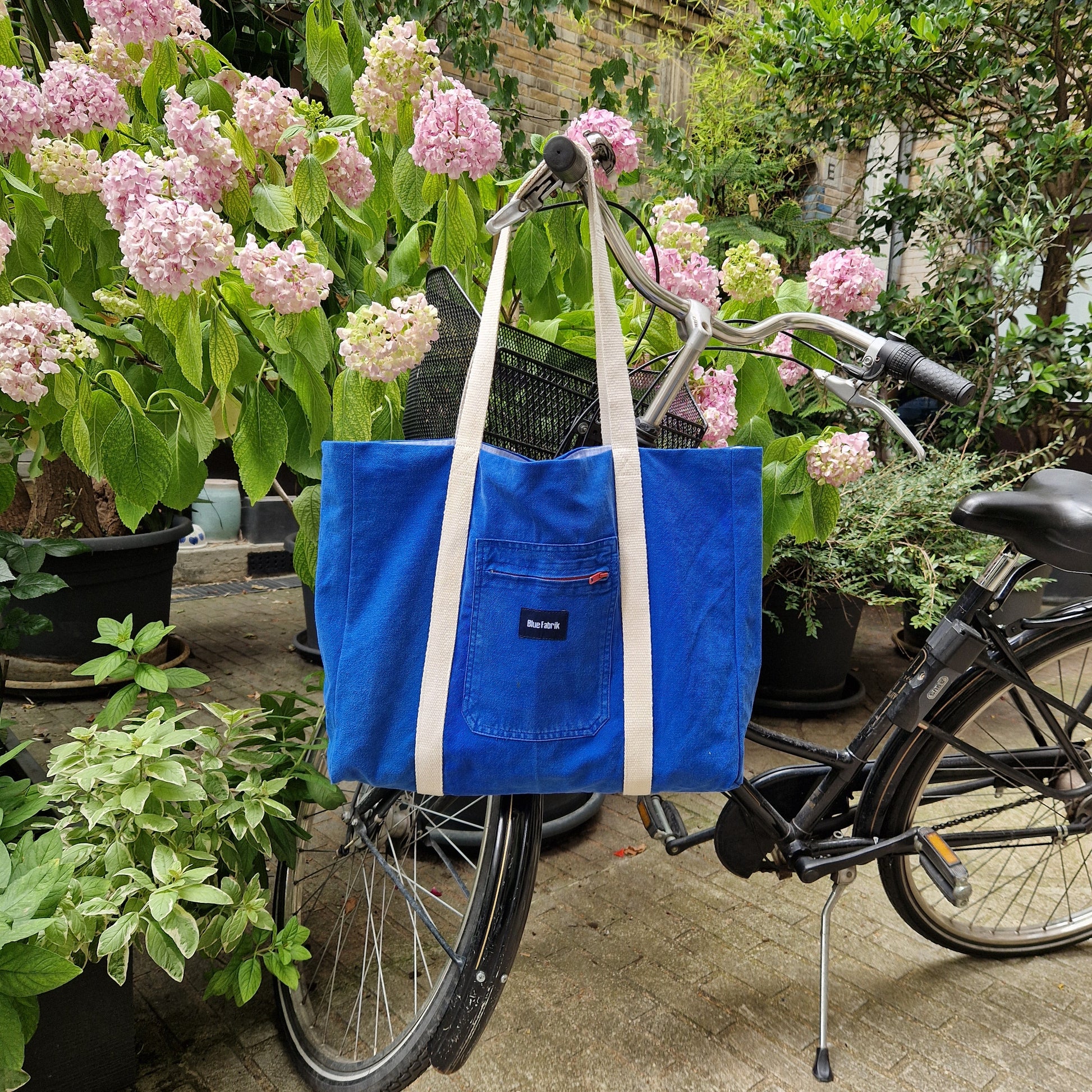Grand sac Cabas Bleu & Ecru, doublure à carreaux bleu ciel - Blue Fabrik