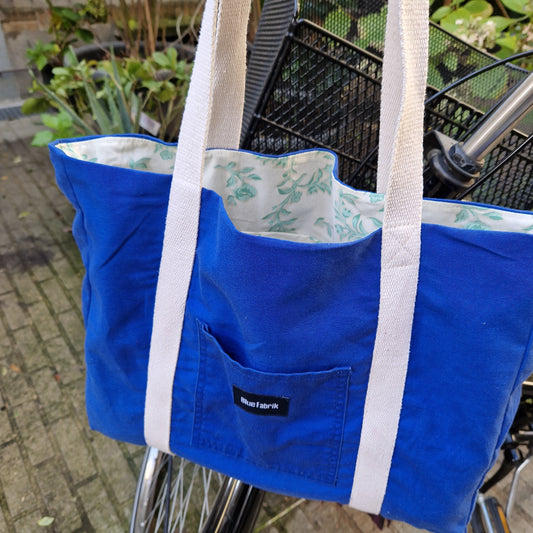 Grand sac Cabas Bleu & Ecru, doublure à fleurs vertes - Blue Fabrik