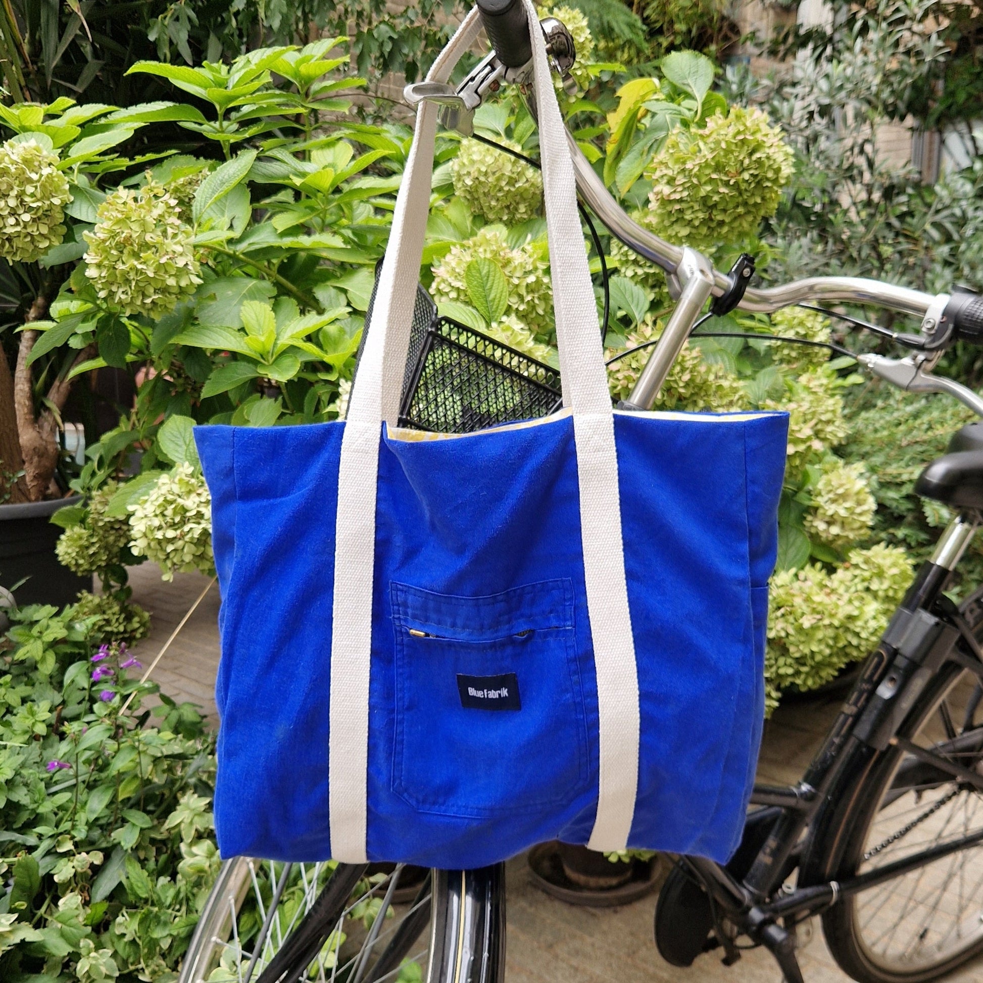 Grand Sac Cabas Bleu & Ecru, doublure à motifs jaunes - Blue Fabrik
