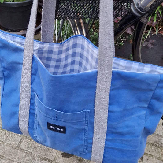 Grand sac Cabas Bleu & Gris clair, doublure à carreaux - Blue Fabrik