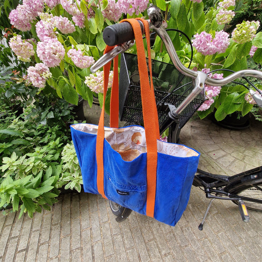 Grand Sac Cabas Bleu & Orange, doublure à fleurs orange - Blue Fabrik