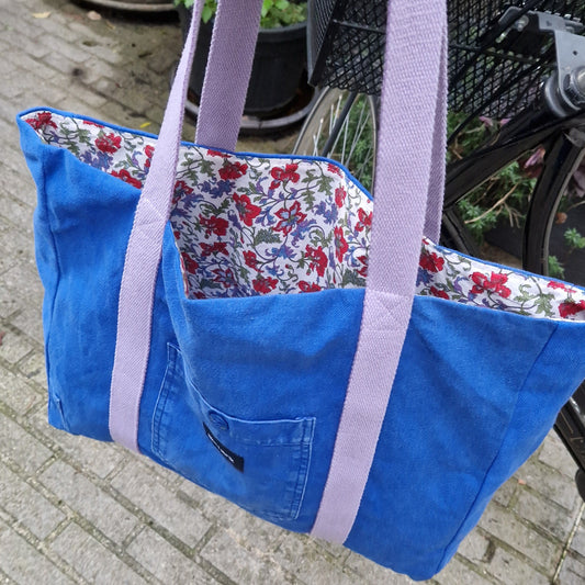 Grand sac Cabas Bleu & Parme, doublure fleurie - Blue Fabrik
