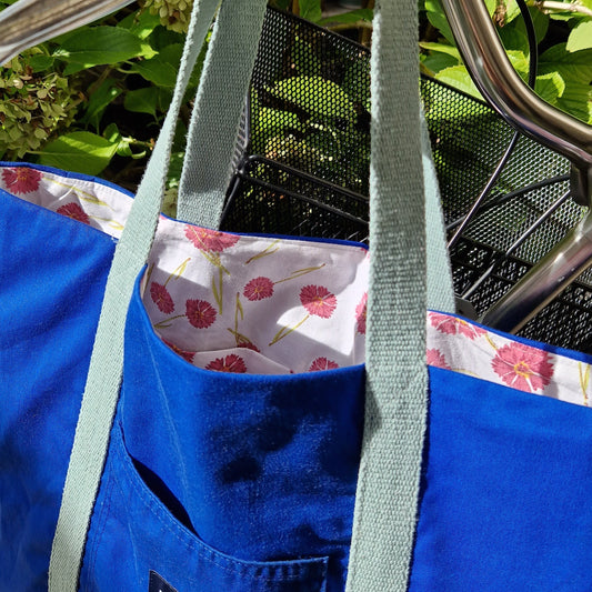 Grand sac Cabas Bleu & vert d'eau, doublure fleurie - Blue Fabrik