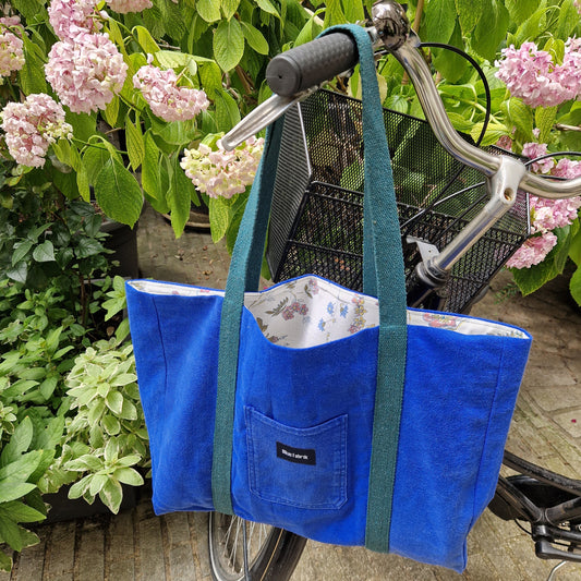 Grand Sac Cabas Bleu & Vert sapin, doublure fleurie - Blue Fabrik