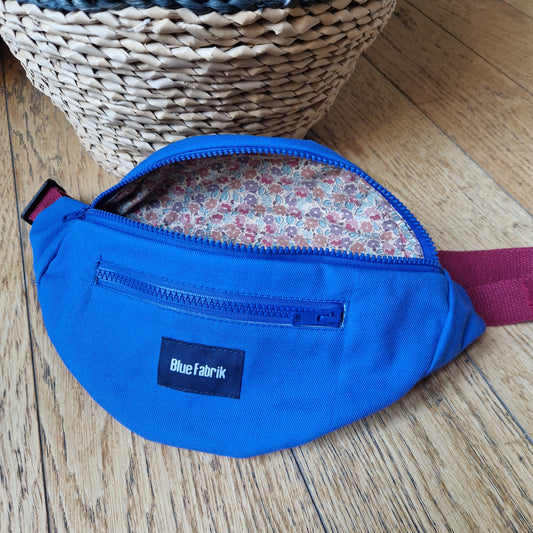 Sac Banane Bleu & Bordeaux, doublure à petites fleurs vintage