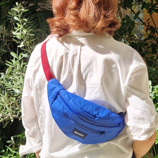 Sac Banane Bleu & Bordeaux, doublure à petites fleurs vintage