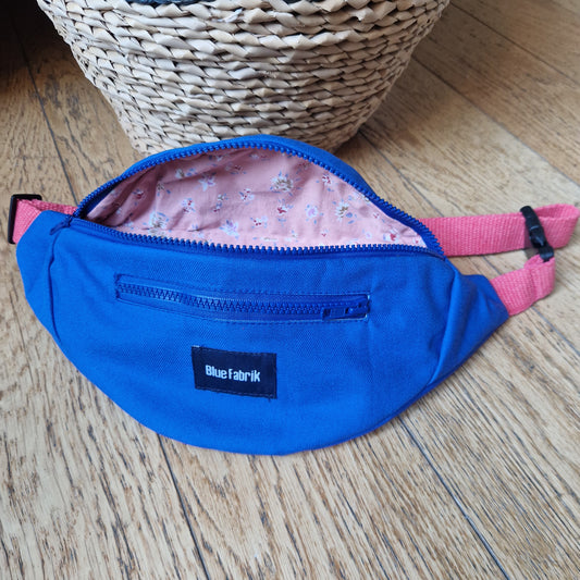 Sac Banane Bleu & Rose foncé, doublure fleurie rose