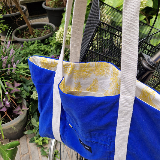  Grand Sac Cabas Bleu & Ecru, doublure à motifs jaunes