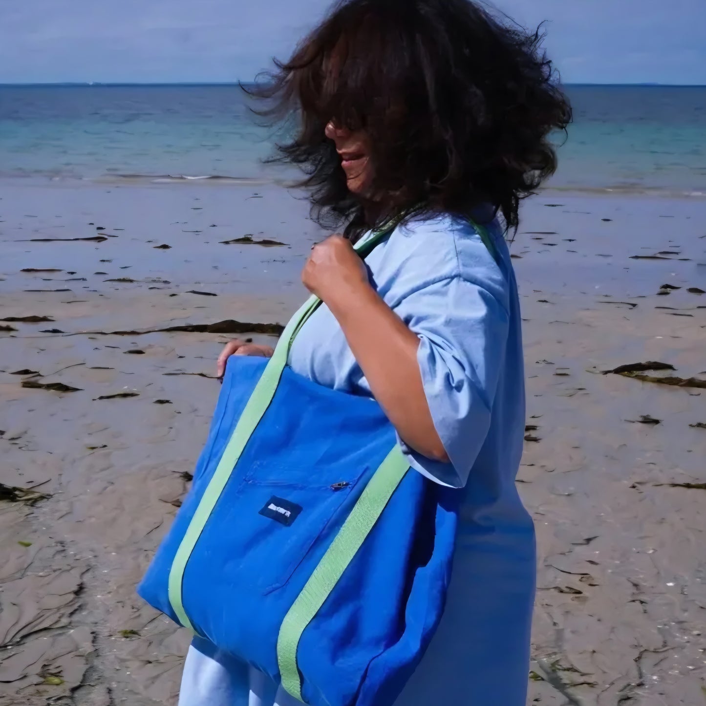 Grand Sac Cabas Bleu & Vert anis, doublure à petites fleurs