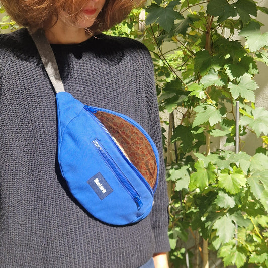 Sac Banane Bleu & Gris anthracite, doublure à petites fleurs vintage