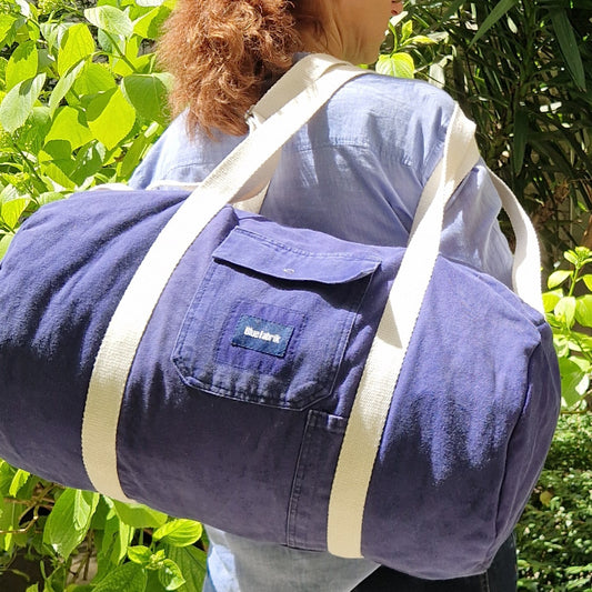 Grand Sac Bowling Bleu & Ecru, doublure fleurie et bandoulière