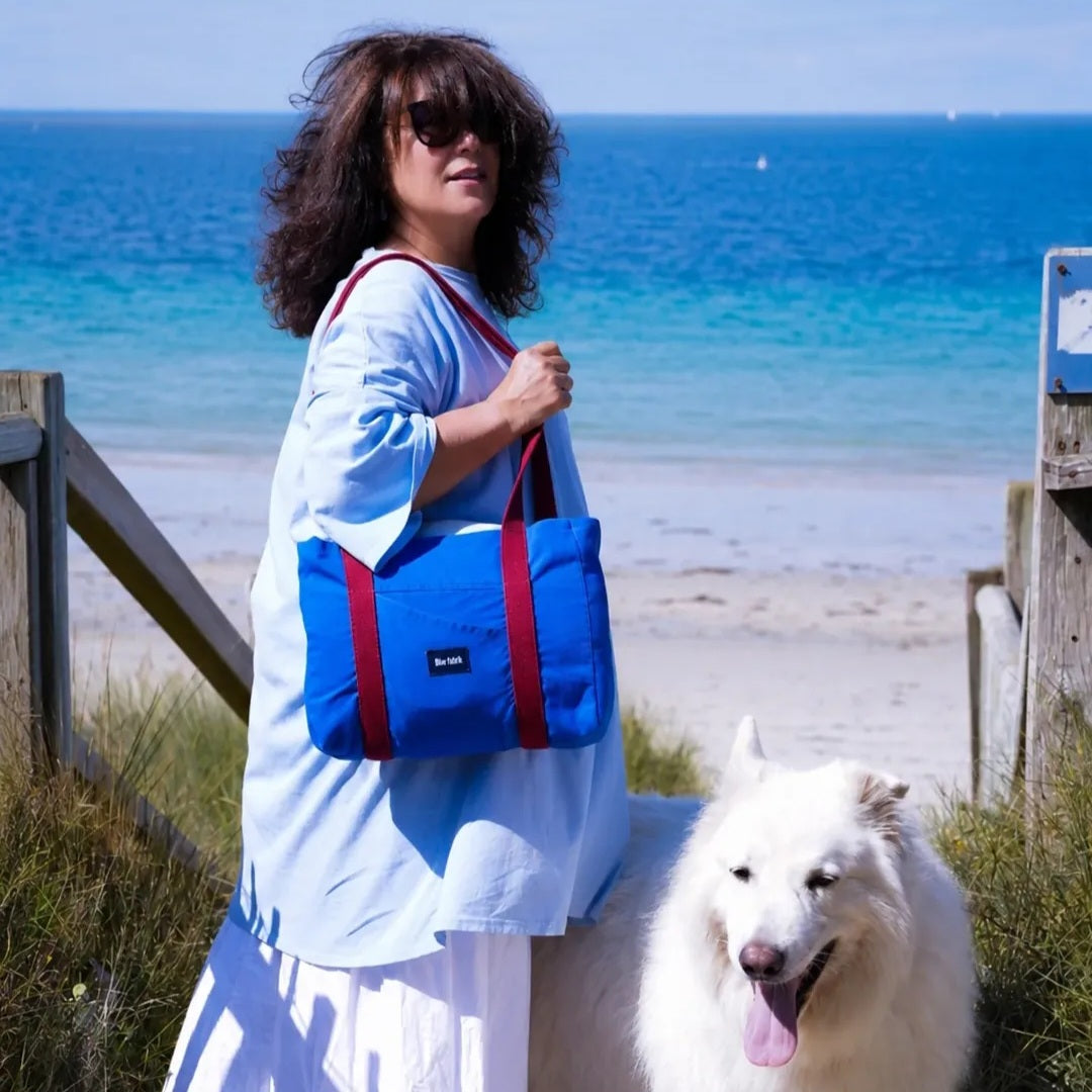 Sac Cabas Bleu & Bordeaux, doublure à grandes fleurs
