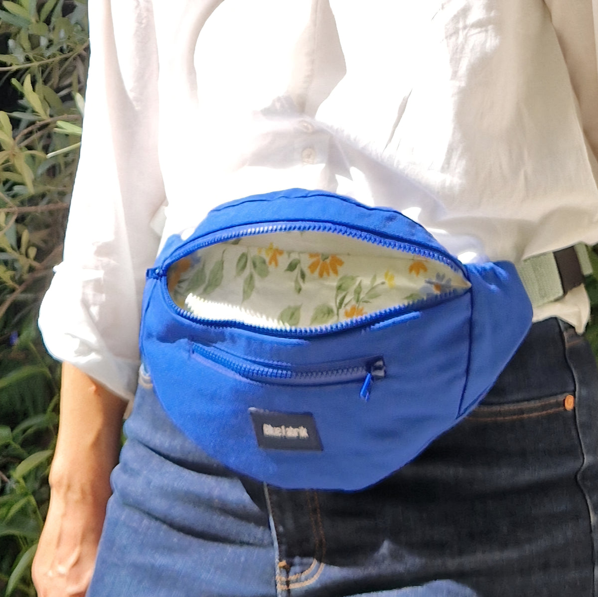 Sac Banane Bleu & Vert d'eau, doublure fleurie