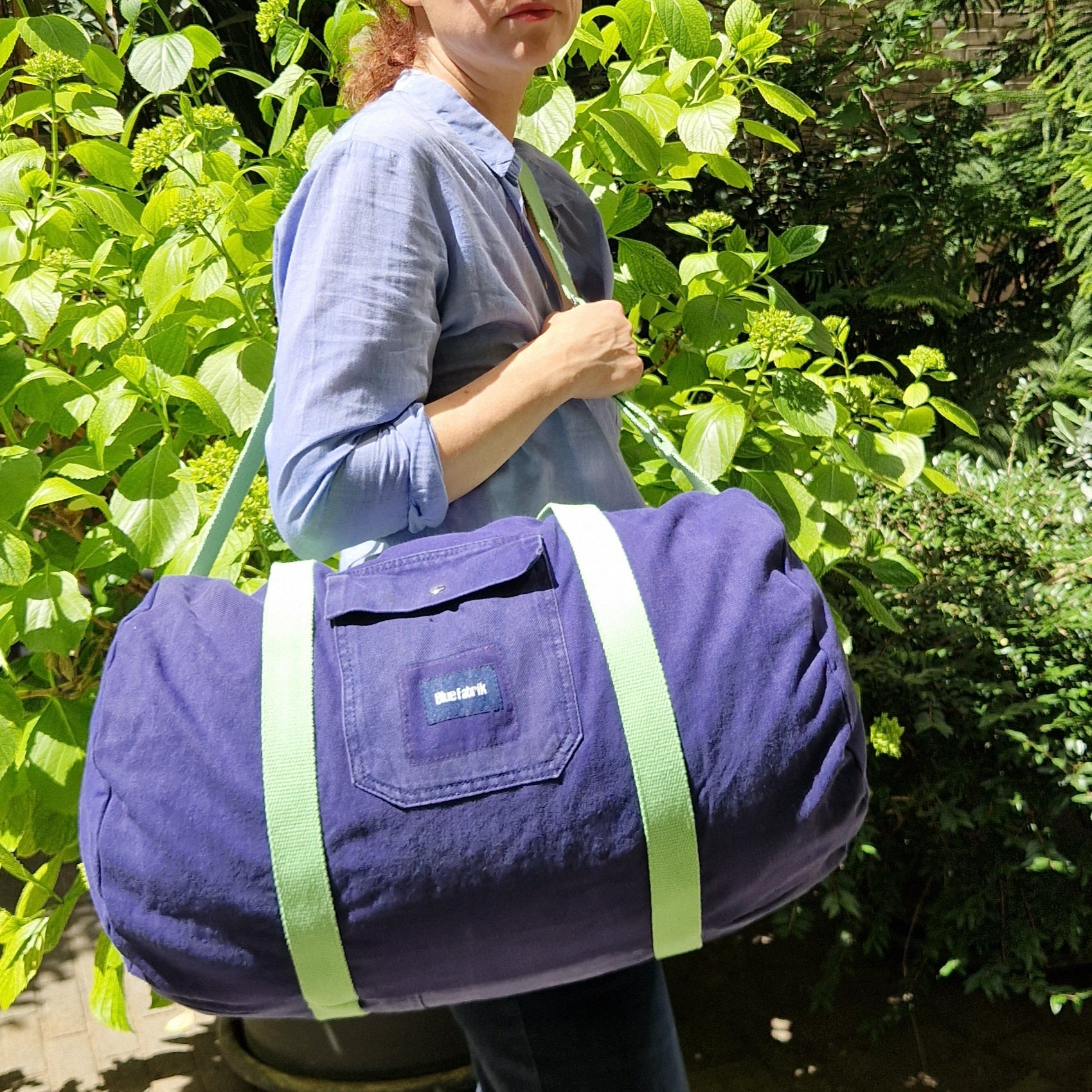 Grand Sac Bowling Bleu & Anis, doublure à petites fleurs - Blue Fabrik
