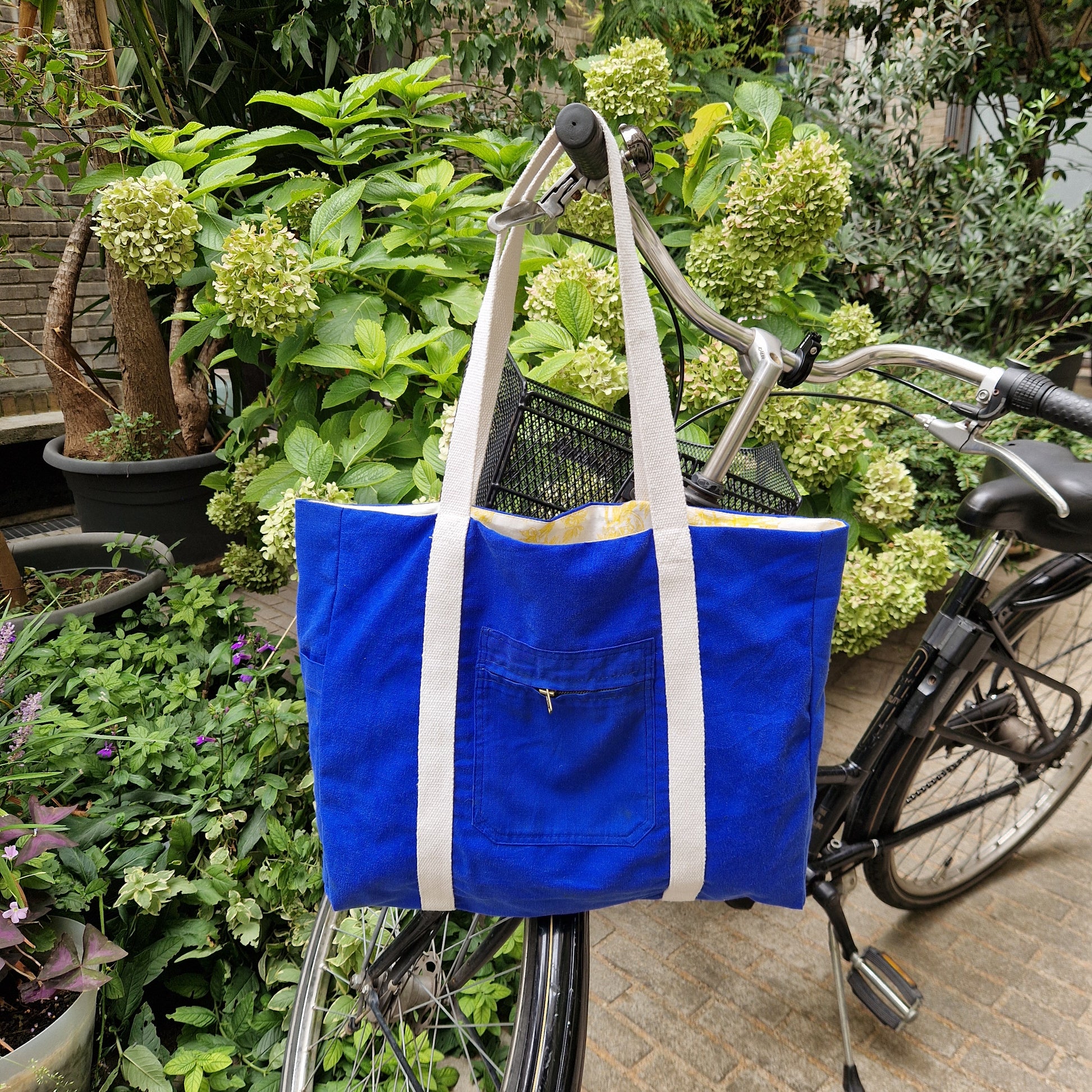 Dos  Grand Sac Cabas Bleu & Ecru, doublure à motifs jaunes