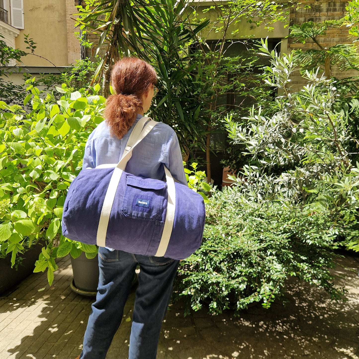 Grand Sac Bowling Bleu & Ecru, doublure fleurie et bandoulière