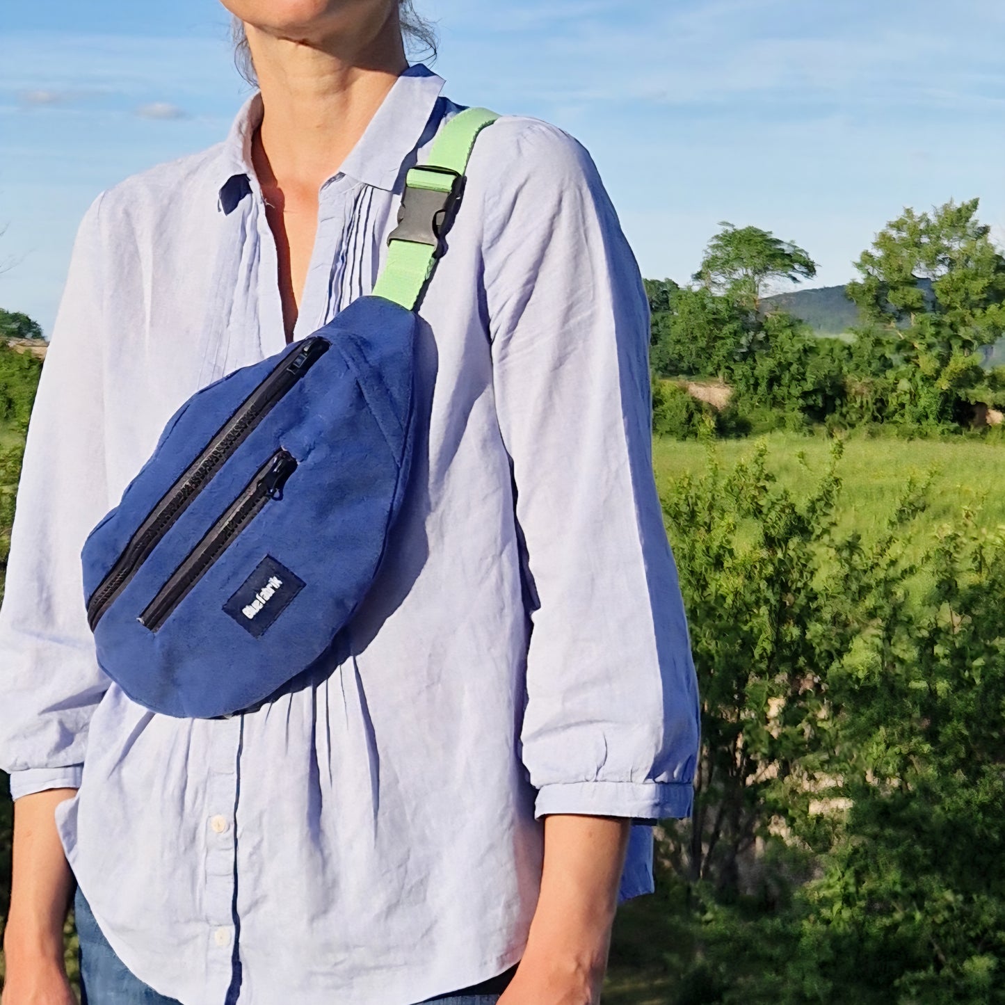Sac Banane Bleu & Vert Anis, doublure fleurie - Blue Fabrik