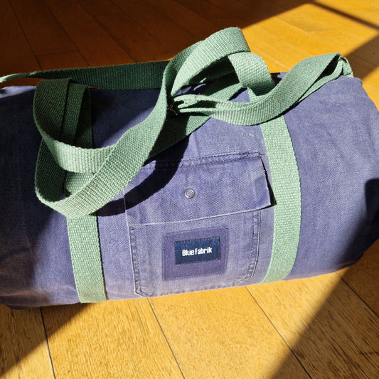Grand Sac Bowling Bleu & Vert Sapin, doublure à fleurs et bandoulière - Blue Fabrik