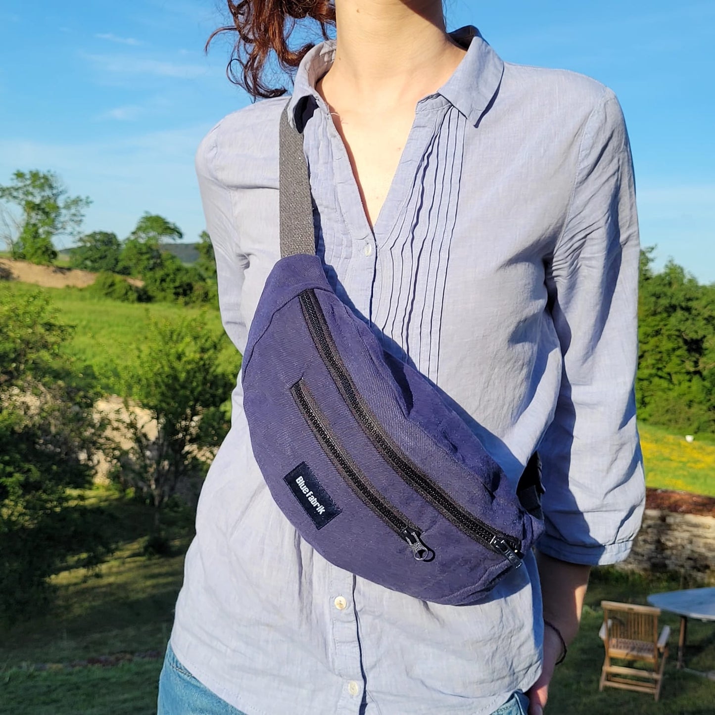 Sac Banane Bleu & Gris anthracite, doublure rayée
