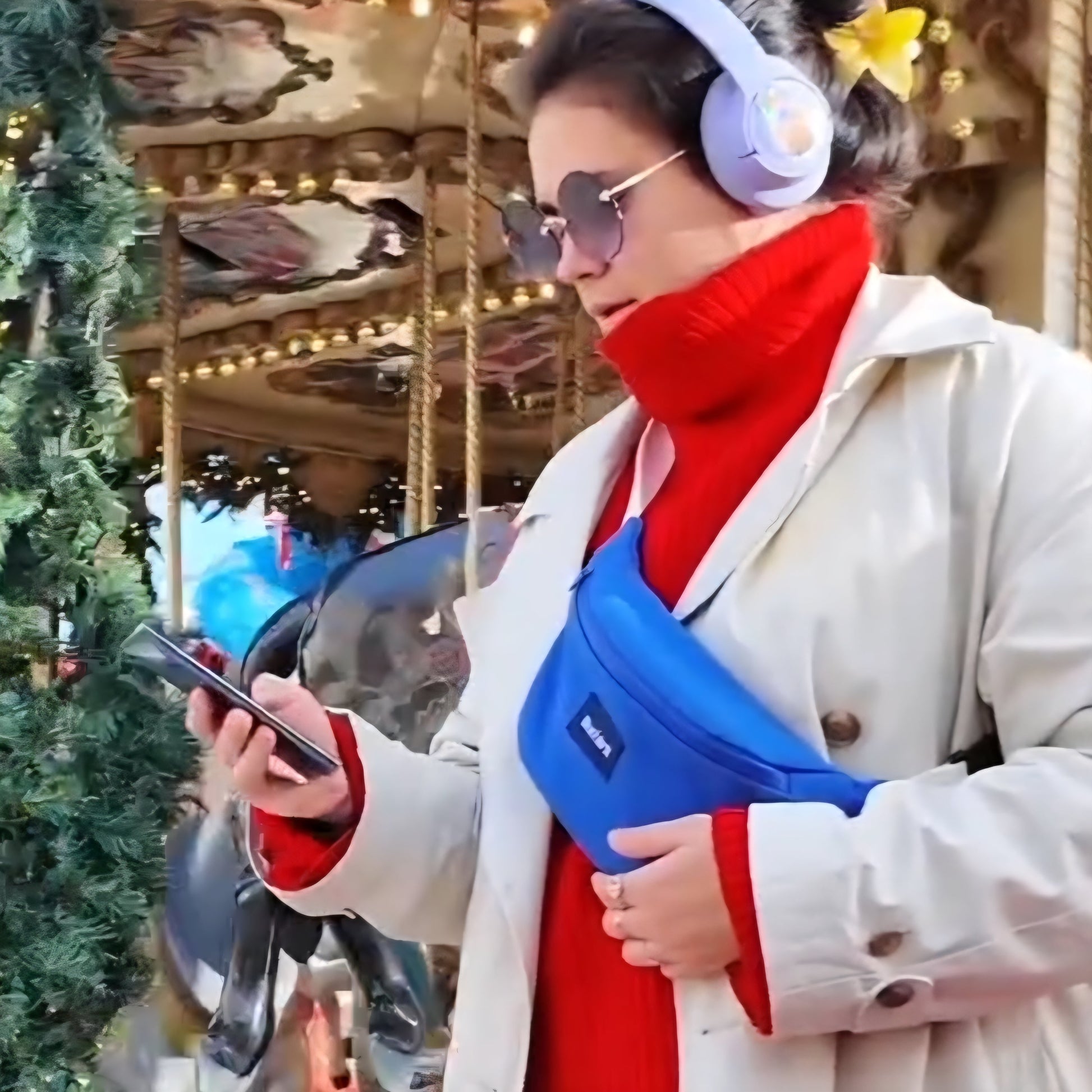 Sac Banane Bleu & Ecru, intérieur orange à motifs - Blue Fabrik