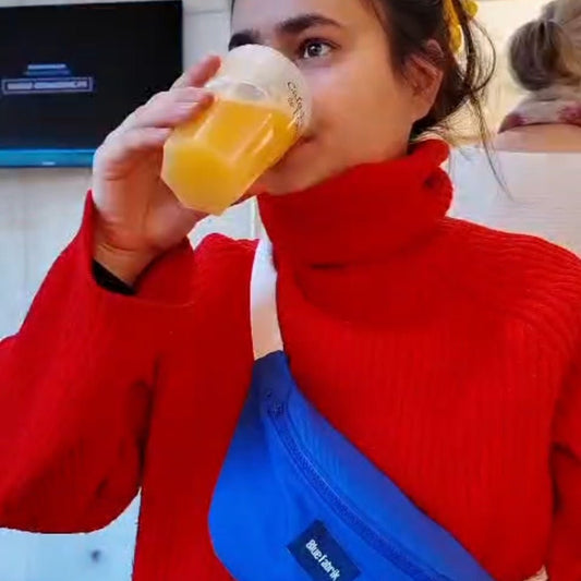 Sac Banane Bleu & Ecru, intérieur orange à motifs - Blue Fabrik