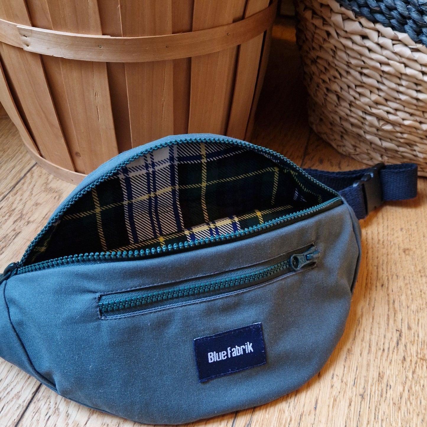 Sac Banane Vert & Bleu marine, doublure écossaise - Blue Fabrik