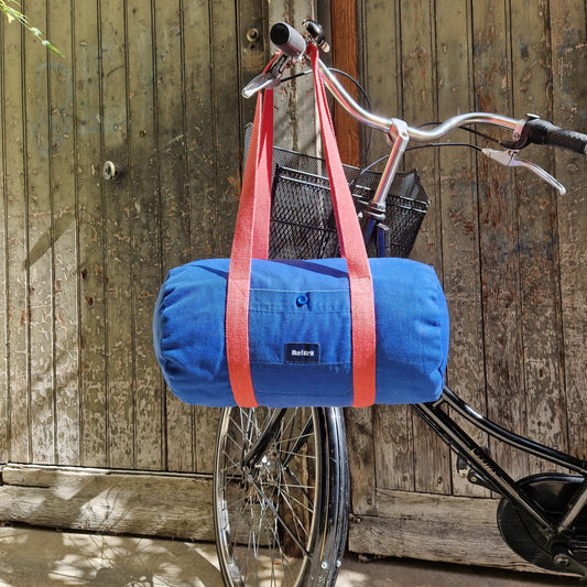 Sac Bowling Medium Bleu & Rose, doublure jaune à petites fleurs roses - Blue Fabrik