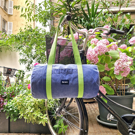 Sac Bowling Medium Bleu & Vert Anis, doublure motif feuillage - Blue Fabrik