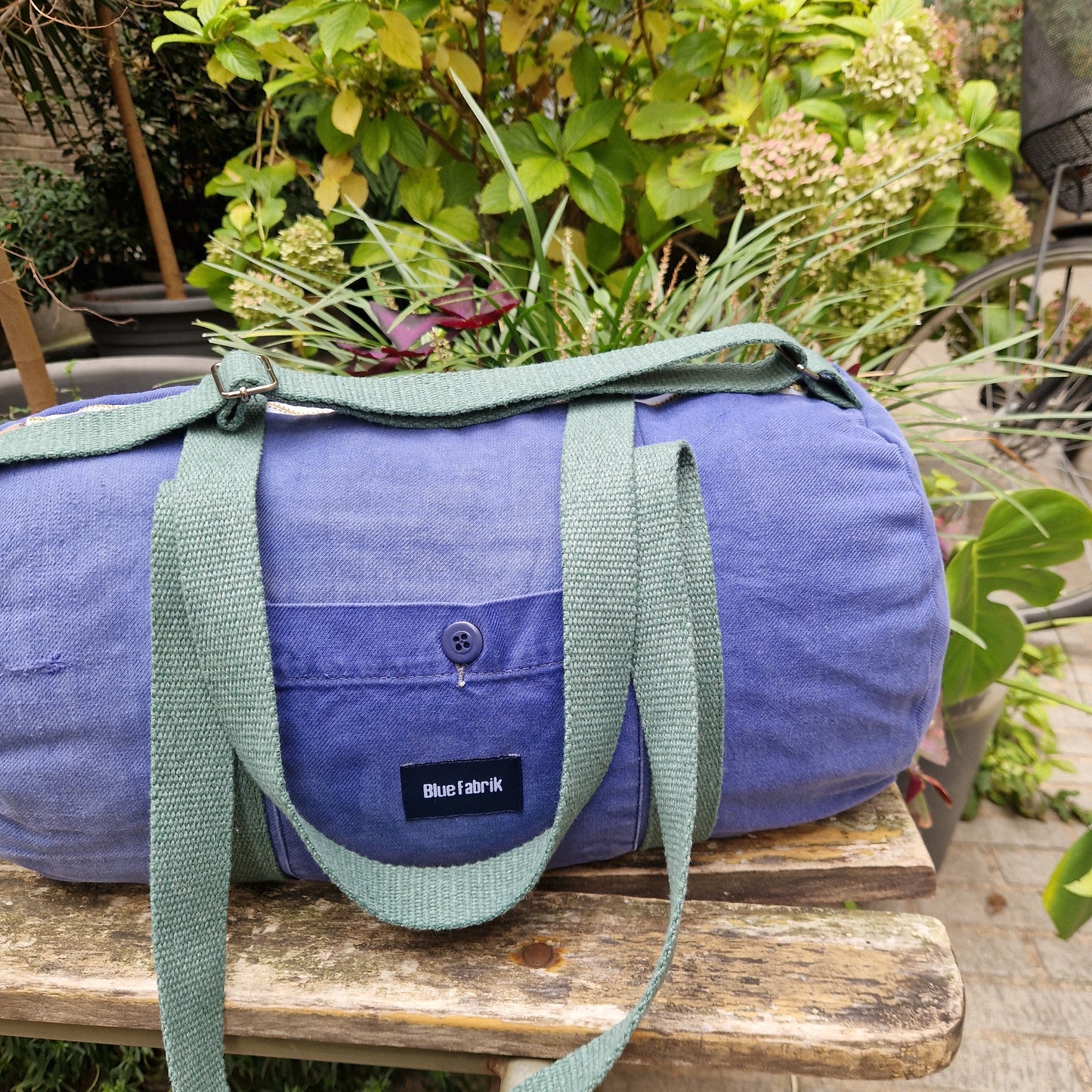 Sac Bowling Medium Bleu & Vert sapin, doublure à carreaux, avec bandoulière - Blue Fabrik