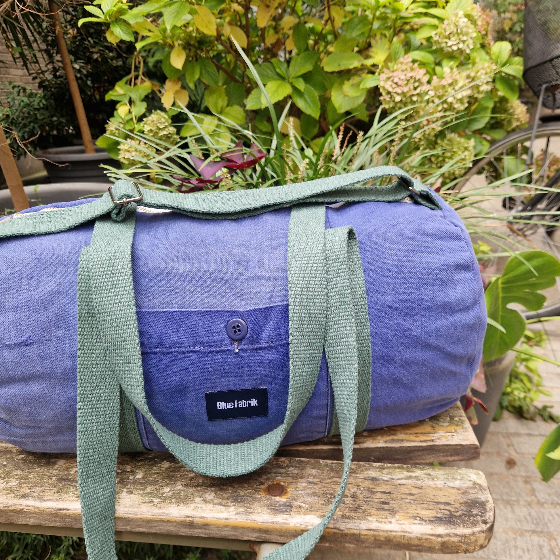 Sac Bowling Medium Bleu & Vert sapin, doublure à carreaux, avec bandoulière - Blue Fabrik