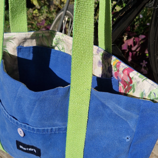 Sac Cabas Bleu & Anis, doublure à grandes fleurs - Blue Fabrik