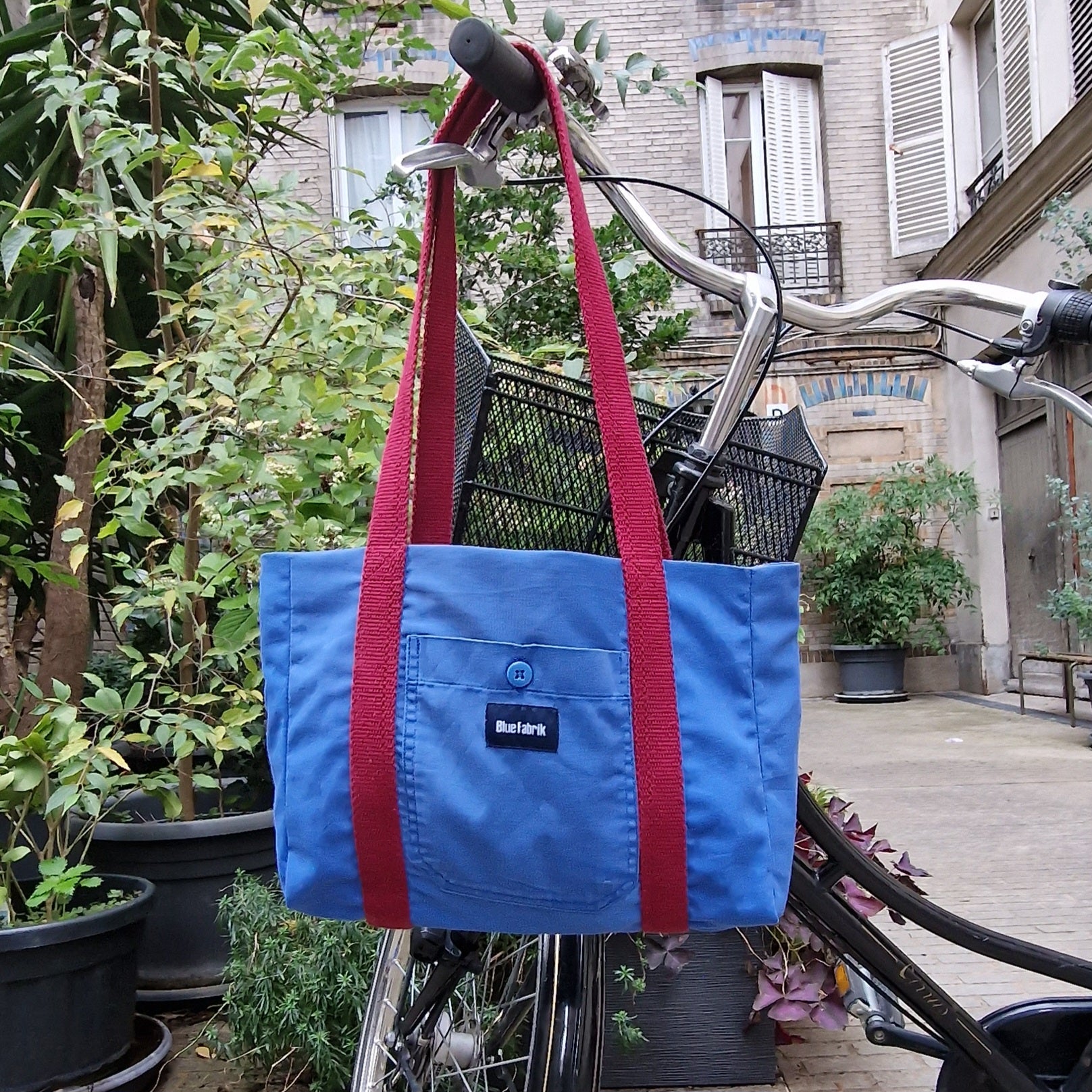 Sac Cabas Bleu & Bordeaux, doublure à carreaux et fleurs - Blue Fabrik
