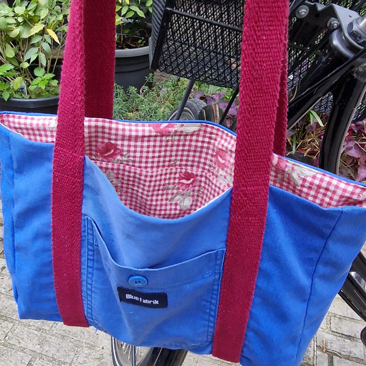Sac Cabas Bleu & Bordeaux, doublure à carreaux et fleurs - Blue Fabrik