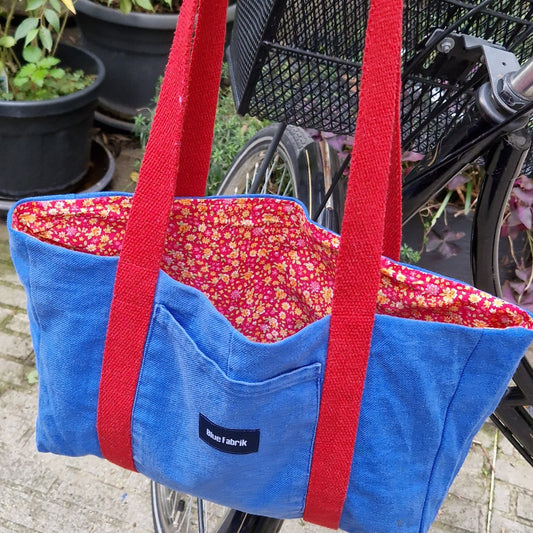 Sac Cabas Bleu & Cerise, doublure rouge à petites fleurs jaunes - Blue Fabrik