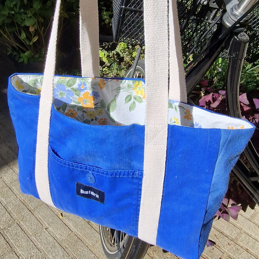 Sac Cabas Bleu & Ecru, doublure fleurie - Blue Fabrik