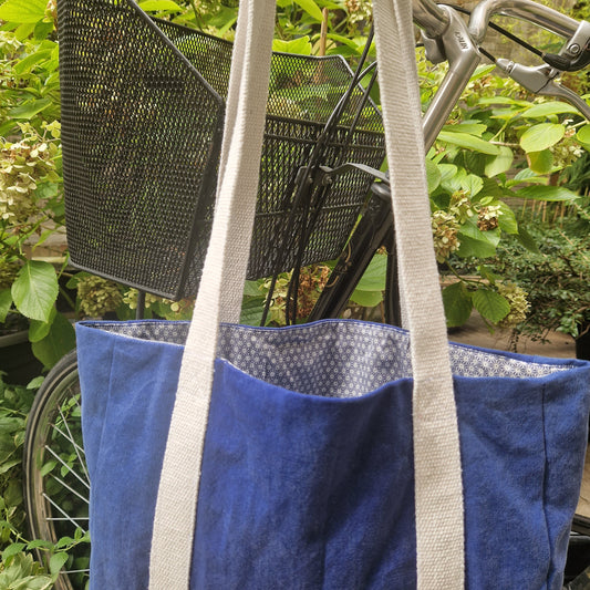 Sac Cabas Bleu & Ecru, doublure géométrique - Blue Fabrik