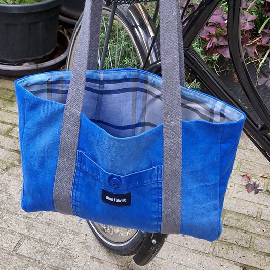 Sac Cabas Bleu & Gris anthracite, doublure à grands carreaux - Blue Fabrik