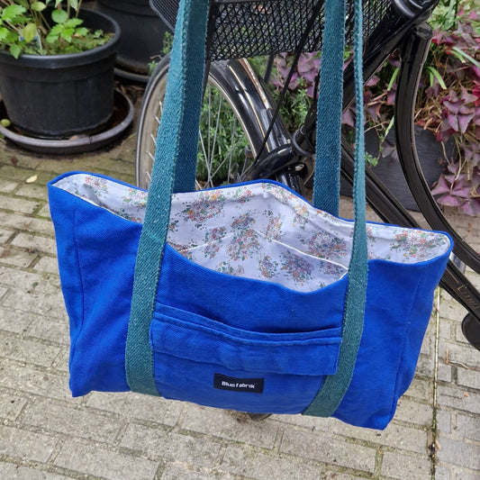Sac Cabas Bleu & Vert Sapin, doublure à petites fleurs - Blue Fabrik