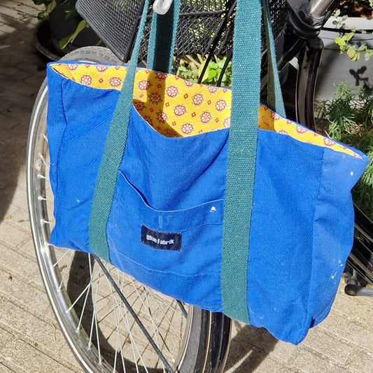 Sac Cabas Bleu & Vert Sapin, doublure jaune à fleurs vertes et roses - Blue Fabrik
