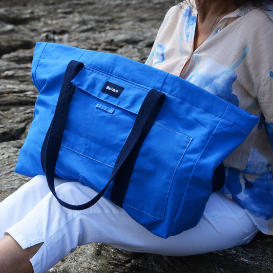 Grand sac Cabas Bleu & Marine, doublure fleurie rose - Blue Fabrik
