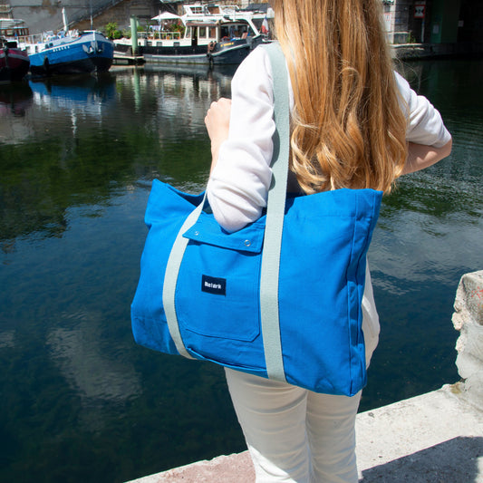 Grand sac Cabas Bleu & Pistache, doublure unie pistache - Blue Fabrik