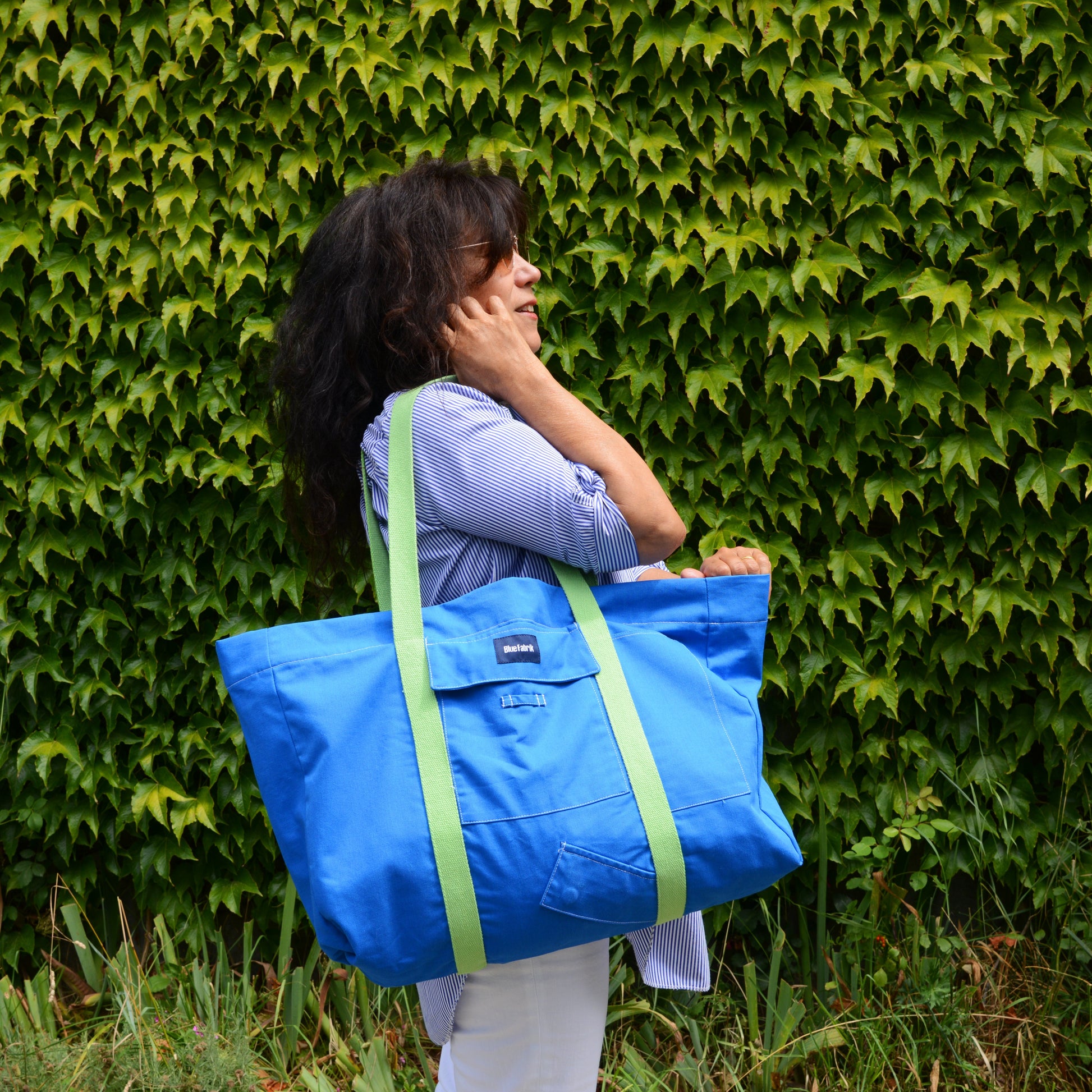 Grand sac Cabas Bleu & vert Anis, doublure fleurie - Blue Fabrik