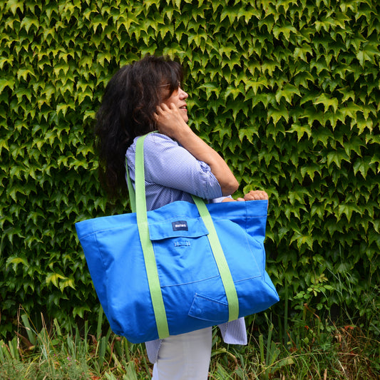 Grand sac Cabas Bleu & vert Anis, doublure fleurie - Blue Fabrik