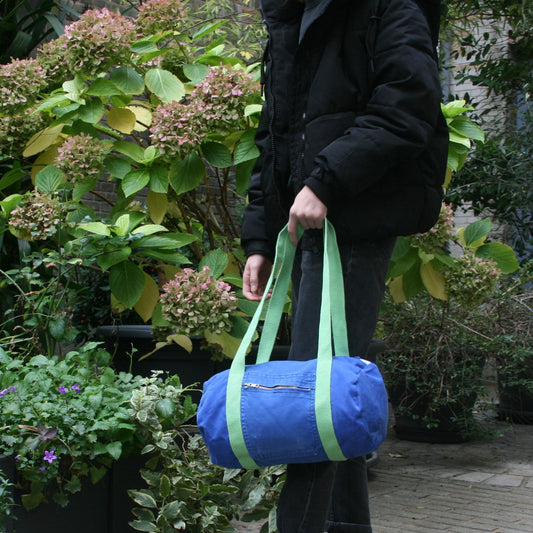 Sac Mini Bowling Bleu & Anis, doublure fleurie - Blue Fabrik