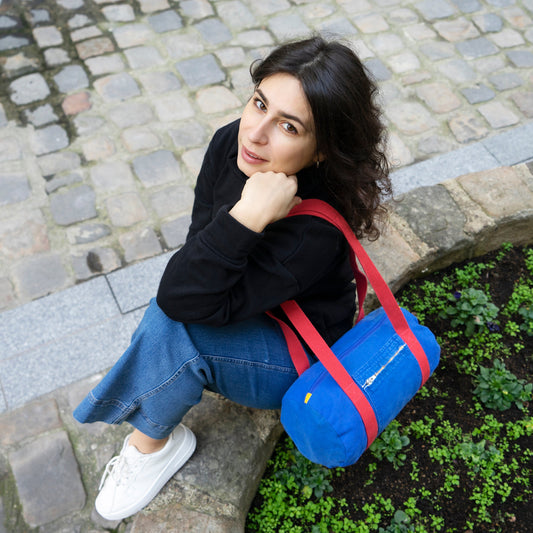 Sac Mini Bowling Bleu & Cerise, doublure unie jaune - Blue Fabrik
